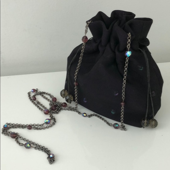 DKNY DRAWSTRING DEEP PURPLE/BLACK SILK ORGANZA BAG - Picture 2 of 16